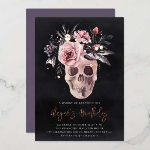 Floral Skull Halloween Birthday Party Foil Invitation