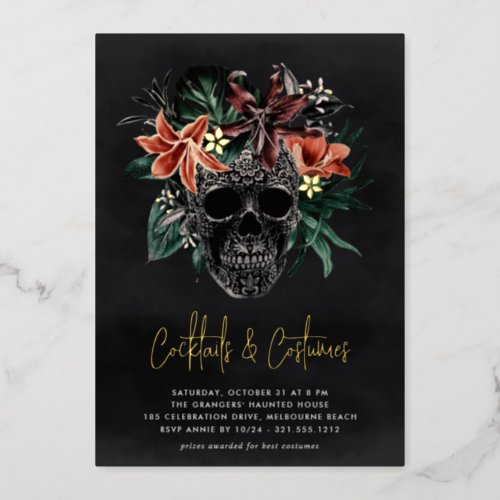 Floral Skull Halloween Cocktails  Costumes Party Foil Invitation