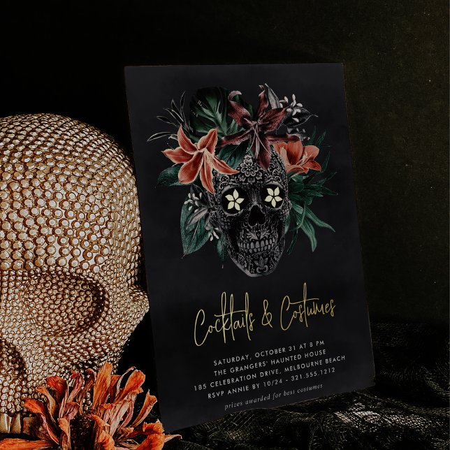 Floral Skull Halloween Cocktails & Costumes Party Foil Invitation (Creator Uploaded)