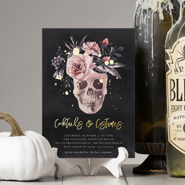 Floral Skull Halloween Cocktails & Costumes Party Foil Invitation (Creator Uploaded)