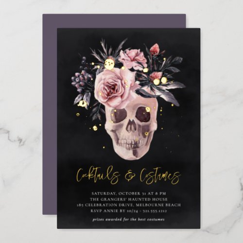 Floral Skull Halloween Cocktails  Costumes Party Foil Invitation