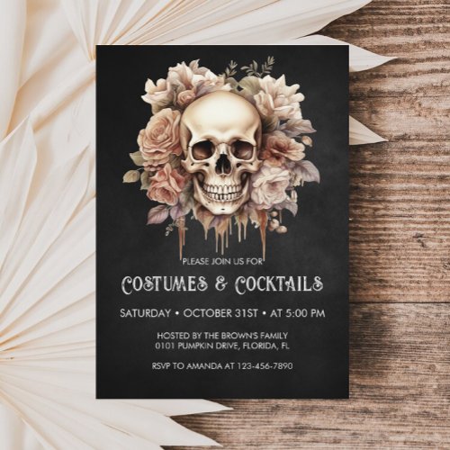 Floral Skull Halloween Cocktails  Costumes Party Invitation