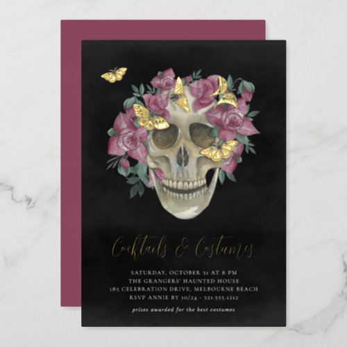 Floral Skull Halloween Costumes  Cocktails Party Foil Invitation