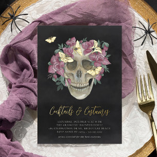 Floral Skull Halloween Costumes & Cocktails Party Foil Invitation