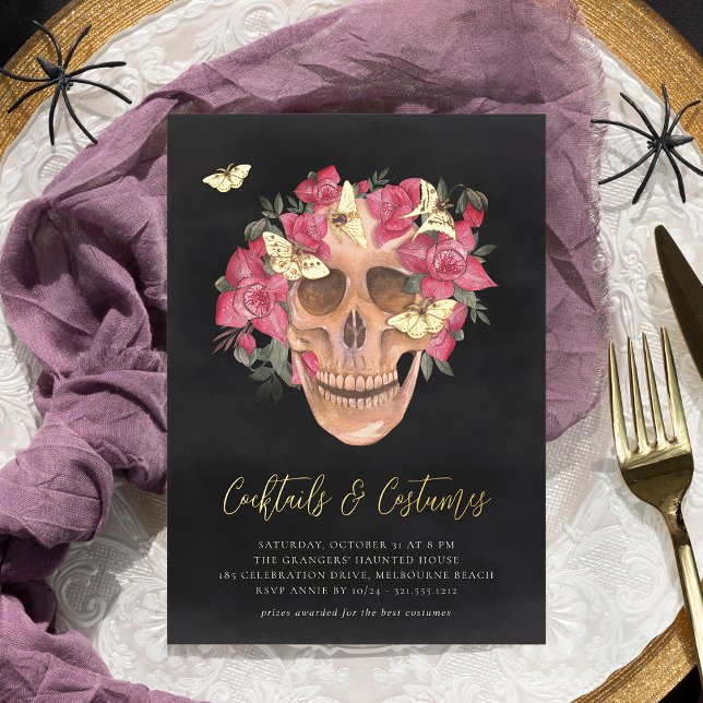 Floral Skull Halloween Costumes & Cocktails Party Foil Invitation (Creator Uploaded)