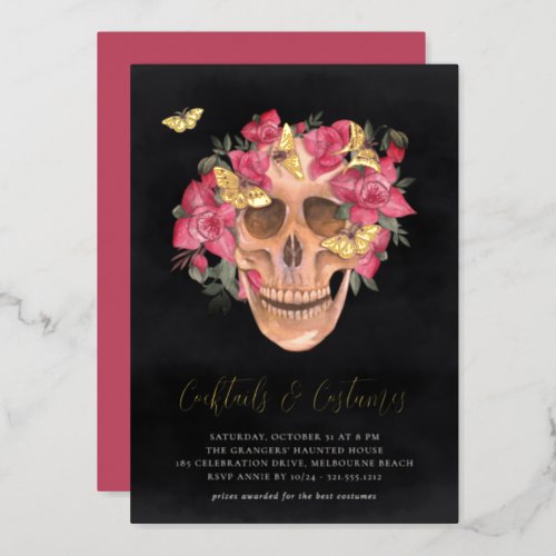 Floral Skull Halloween Costumes  Cocktails Party Foil Invitation