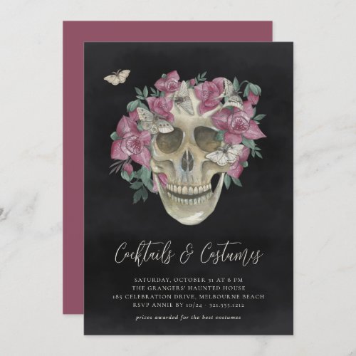 Floral Skull Halloween Costumes  Cocktails Party Invitation