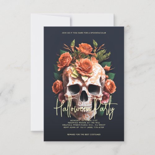 Floral Skull Halloween Party Dark Grey Invitation