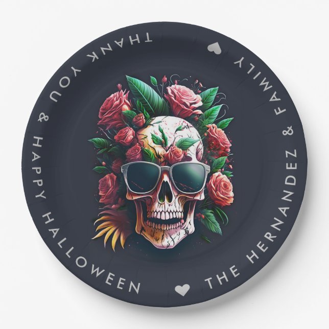 FLORAL SKULL Halloween Party Family Name Custom Paper Plates (Front)