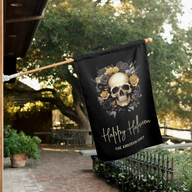 Floral Skull Halloween Party House Flag (In SItu)