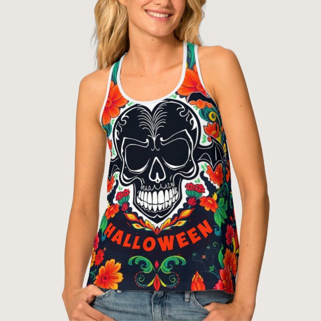 Floral Skull Halloween Vibes Women’s Tank Top (Front)