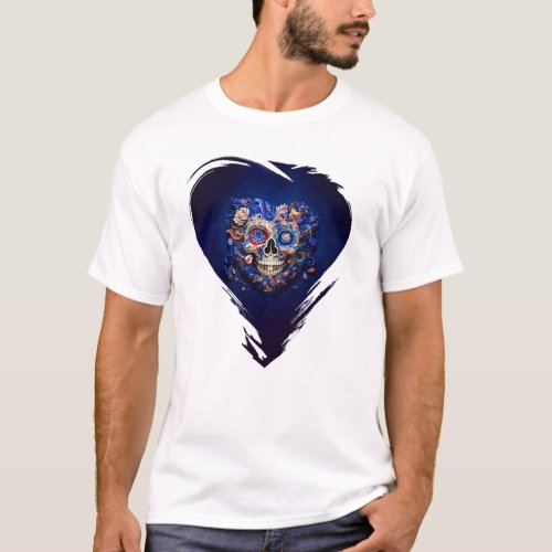 Floral Skull Heart Design Azure T_Shirt