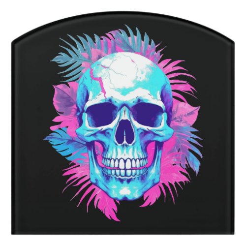 Floral Skull in Vaporwave Style Door Sign