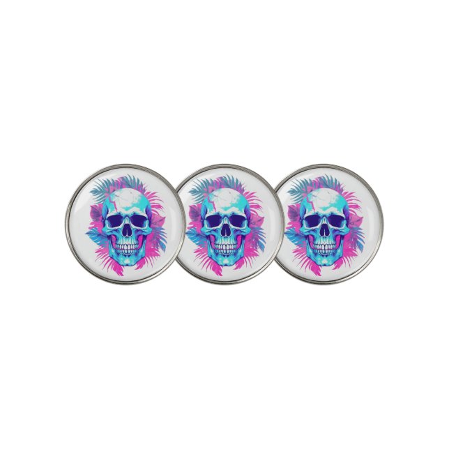 Floral Skull in Vaporwave Style Golf Ball Marker (3 Up)