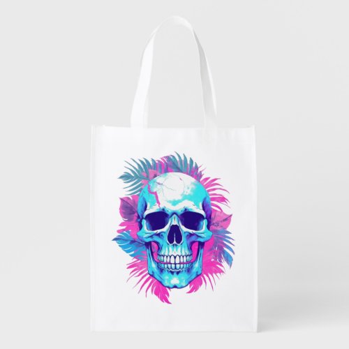 Floral Skull in Vaporwave Style Grocery Bag