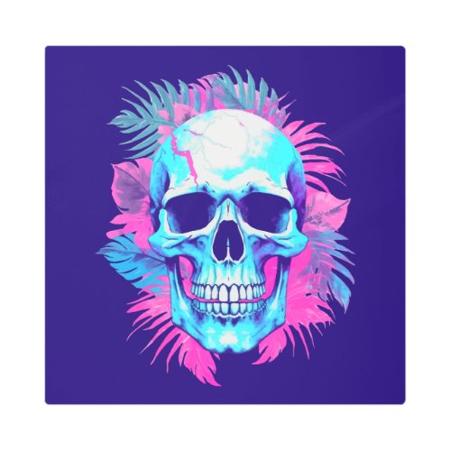 Floral Skull in Vaporwave Style Metal Print