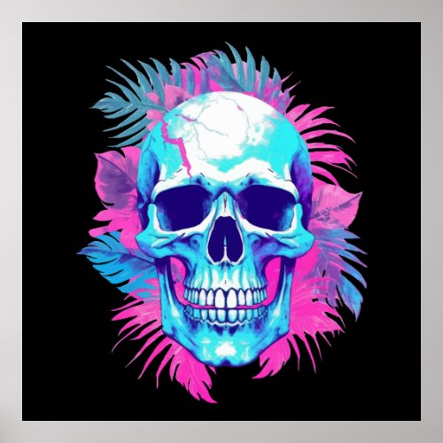 Floral Skull in Vaporwave Style Poster