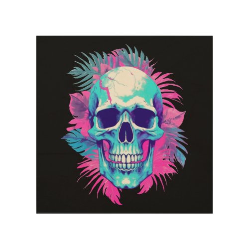 Floral Skull in Vaporwave Style Wood Wall Art