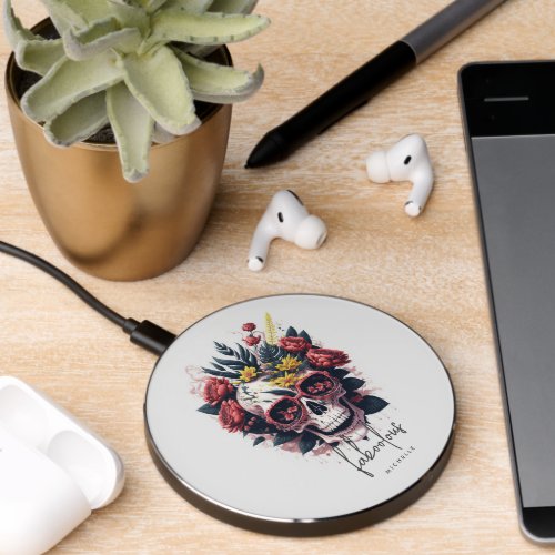 Floral Skull Monogram Faboolous Halloween Wireless Charger