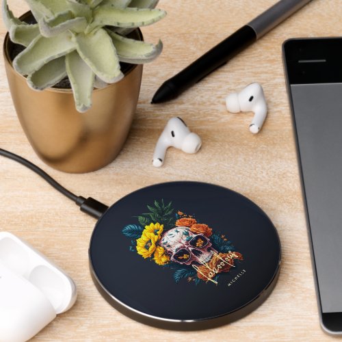 Floral Skull Monogram Faboolous Halloween Wireless Charger