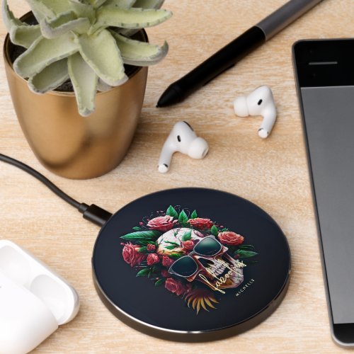 Floral Skull Monogram Faboolous Halloween Wireless Charger