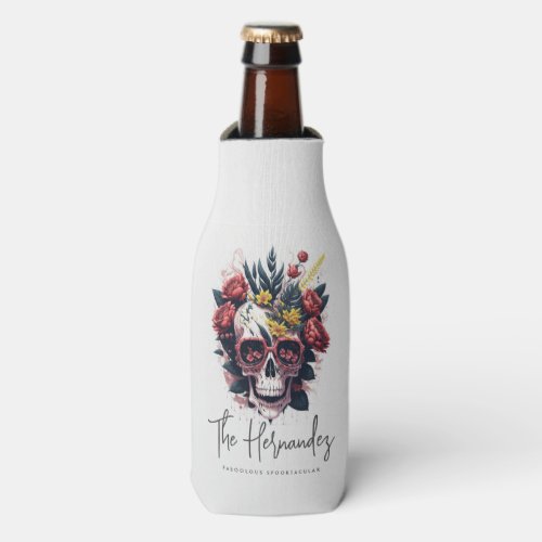 Floral Skull Monogram Family Name Halloween Bottle Cooler