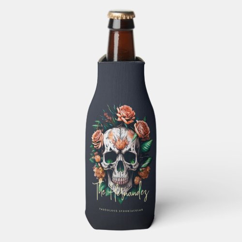 Floral Skull Monogram Family Name Halloween Bottle Cooler