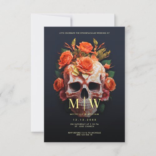 Floral Skull Monogram Halloween Wedding Invitation