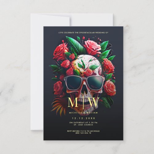 Floral Skull Monogram Halloween Wedding Invitation