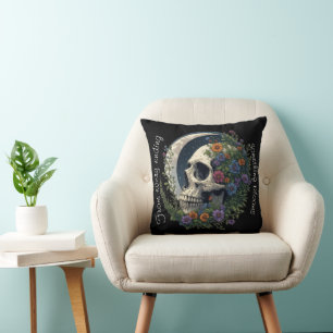 Floral Skull & Moon Celestial Gothic Art on Black Throw Pillow