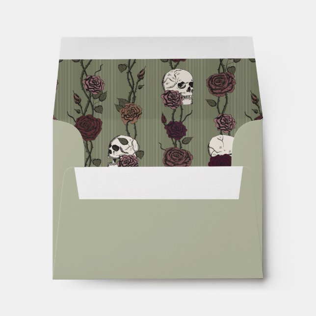 Floral Skull Moss Green Pre-Printed Address RSVP Envelope (Back (Bottom))