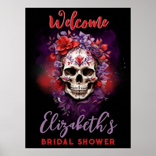 Floral Skull Red Purple Halloween Welcome Sign