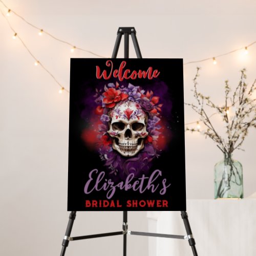 Floral Skull Red Purple Halloween Welcome Sign