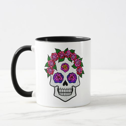 Floral Skull Roses Custom Name Halloween White Mug