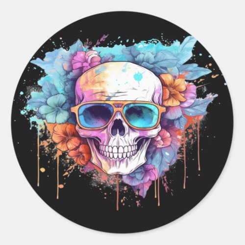 Floral Skull Shades Classic Round Sticker