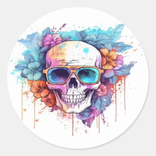 Floral Skull Shades Classic Round Sticker