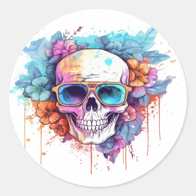 Floral Skull Shades Classic Round Sticker (Front)