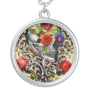 Floral Skull Silver Plated Necklace