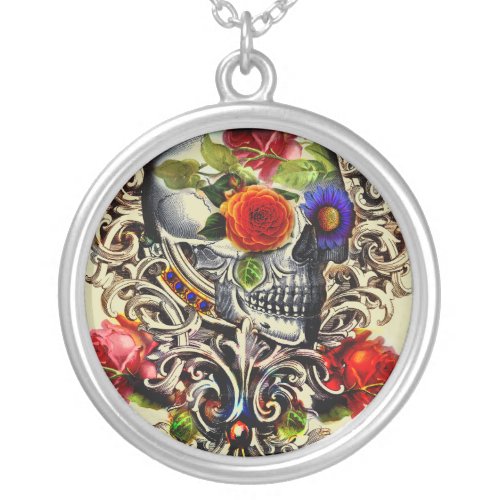 Floral Skull Silver Plated Necklace
