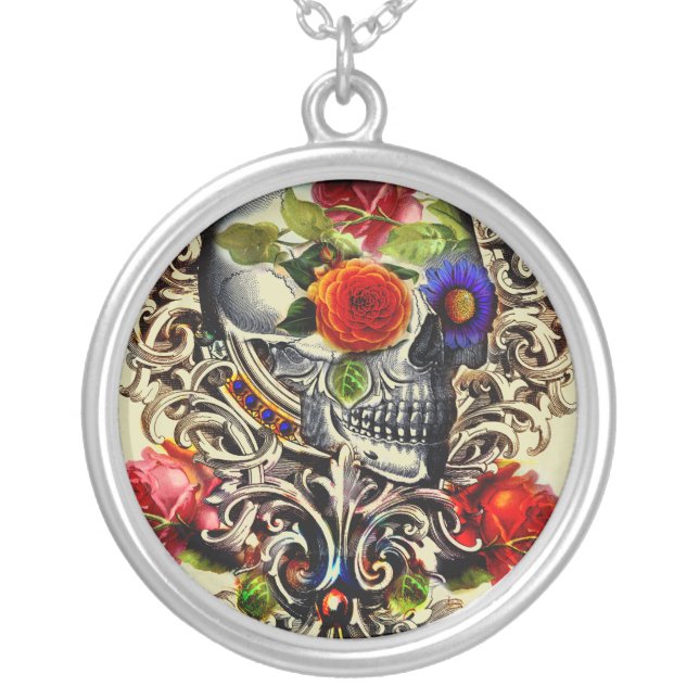 Floral Skull Silver Plated Necklace (Front)
