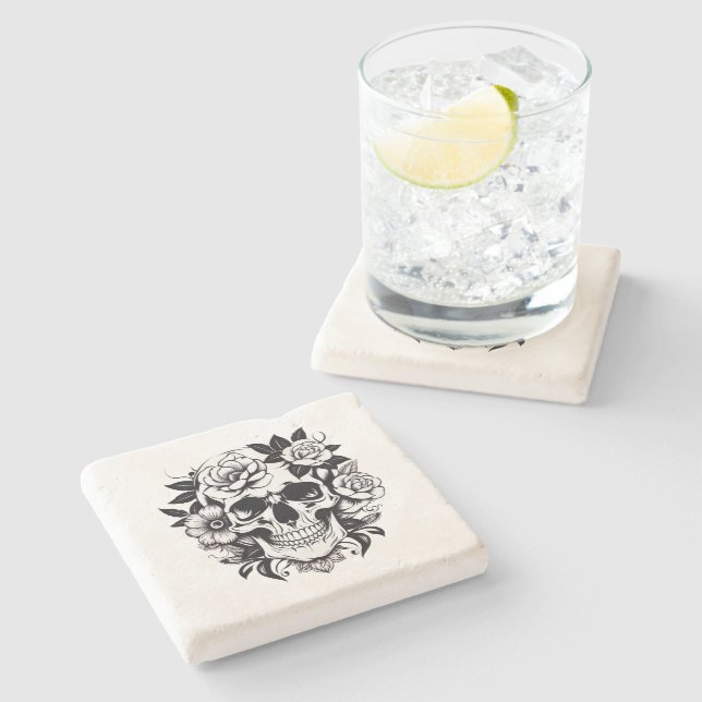 Floral Skull Stone Coaster (Side)