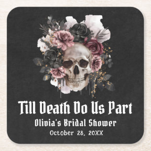 Floral Skull Till Death Do Us Part Bridal Shower Square Paper Coaster