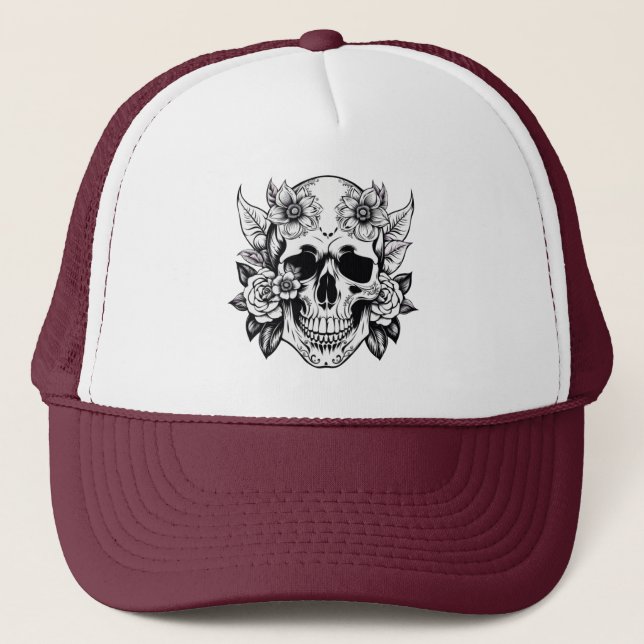 Floral Skull Trucker Hat (Front)