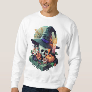Floral Skull wearing Witch Hat Pixel Art Sweatshirt