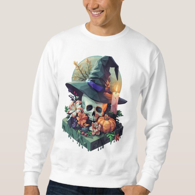 Floral Skull wearing Witch Hat Pixel Art Sweatshirt (Front)