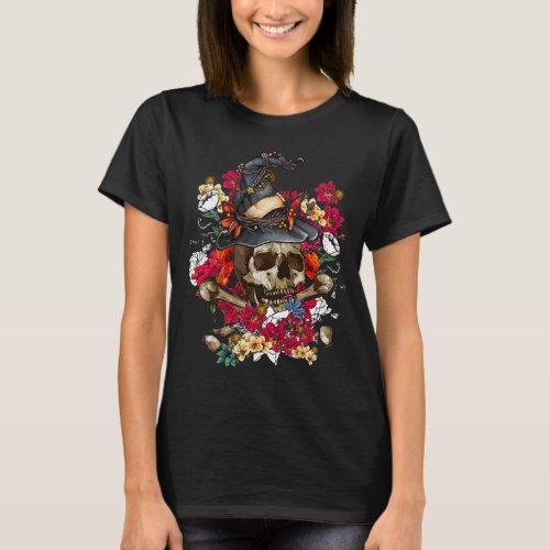 Floral Skull Wearing Witchs Hat Halloween Skull Fl T_Shirt