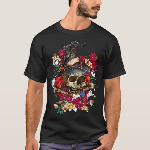 Floral Skull Wearing Witchs Hat Halloween Skull Fl T_Shirt