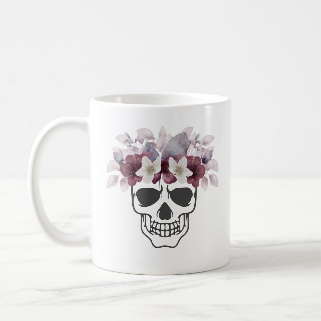 Floral Skull White and Wine Flowers Coffee Mug (Left)