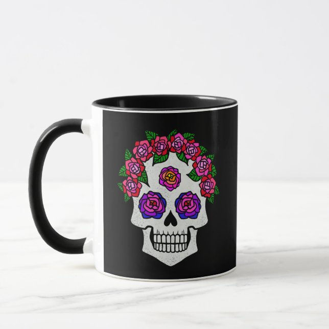 Floral Skull with Roses Custom Name Halloween Mug (Left)