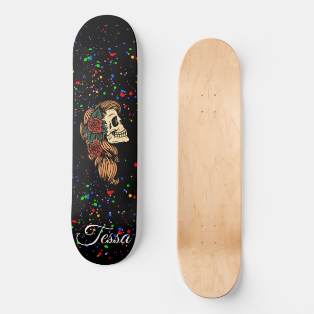 Floral Skull Woman Splatter Script Monogram Name  Skateboard (Front)